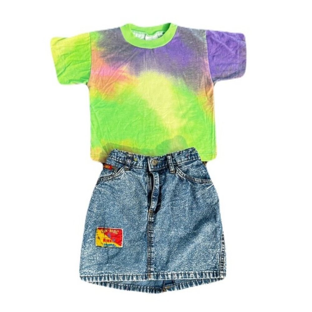 VTG Girls 90s Denim Skirt and Tie Dye T-Shirt Size 4